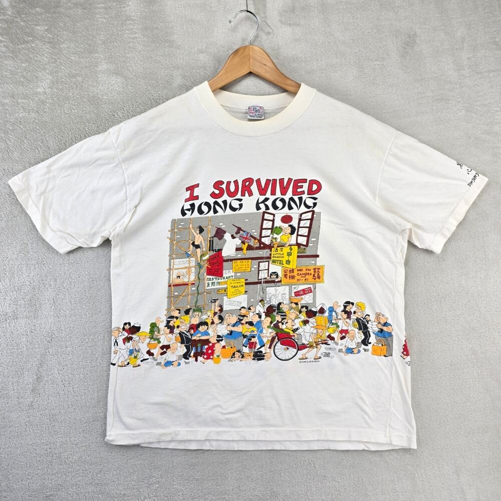 Vintage I Survived Hong Kong Tourist Shirt XL Dim Sum 90s Wrap Around AOP 22X25